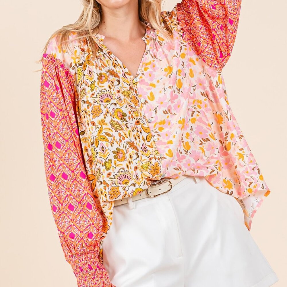Boho Mixed Patchwork Print Long Sleeve Blouse